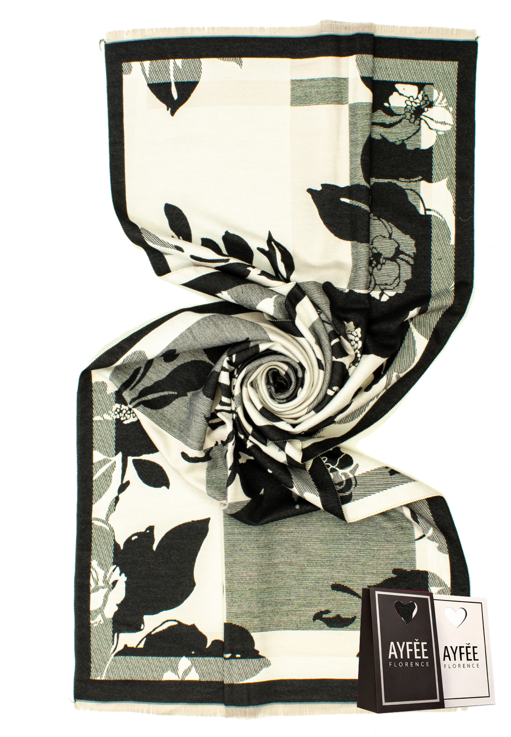 STOLA JACQUARD GEOMETRICAL FLOWERS, CM 70*180, 100% VI, MADE IN PRC   - BLACK